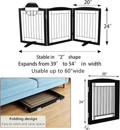 ZJSF Freestanding Dog Fence Indoor, Foldable Dog Gate for Doorways, Stairs or Hallways, Sturdy Wood Extra Wide Pet Gate with Support Feet for The House, Black, 24 "Height-3 Panels