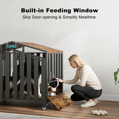 EasyCom 41“ XL Heavy Duty Dog Crate Furniture, Dogs Kennel Indoor with 360° Wheels, Dog Crates for Medium Dogs(35-60lb), Wooden Dog Cage with Feeding Window and Name Tag, Dog House, Rustic Brown