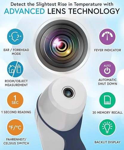 iProven Digital Thermometer for Adults Kids and Baby - Ear and Forehead 2-in-1, 1 Second Reading, Fever Alarm with Color Indicator, 20 Memory Recall - Medical Infrared Thermometer For The Whole Family