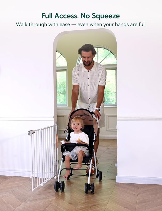 Babelio Baby Gate for Stairs, Kitchen & Doorways, No Bottom Bar| Easy Install| One-Handed Operation| Auto-Close| Hardware Mount Safety Dog Gate (White - B17, 34" H, 26-43" W-Standard 2 Pcs)