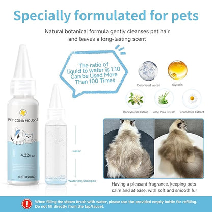 Pet Steam Brush for Dog & Cat – 3-in-1 Spray Hair Removal Comb – Steam for Shedding & Grooming – Water Brush for Long & Short Haired Pets – Spritz Defur Comb – Includes 2*Waterless Shampoo