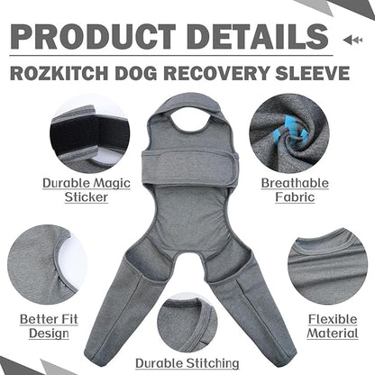 ROZKITCH Dog Surgery Recovery Sleeve Rear Right Left Leg, Pet Prevent Licking Wound Elbow Brace Protector, Dog Recovery Suit Cone Collar Alternative for Sprain ACL CCL Arthritis Joint Care Grey 2XL