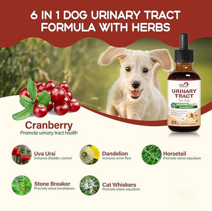 Urinary Tract Drops for Dogs, Dog Cranberry Supplement for Healthy Urinary Function, Kidney Stones Support & Bladder Support. Natural Blend w/Uva Dandelion Horsetail Extract. 2 oz