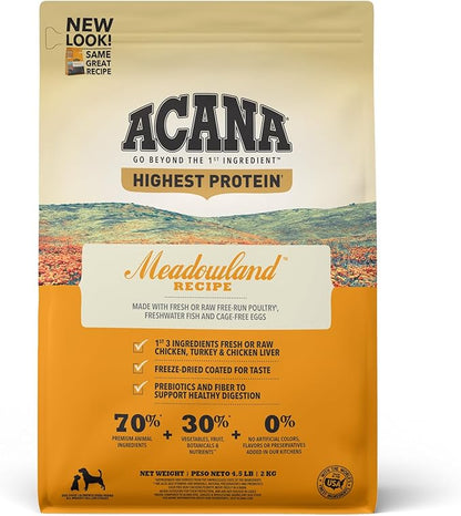ACANA Highest Protein Grain Free Dry Dog Food Meadowland Recipe 4.5lb Bag