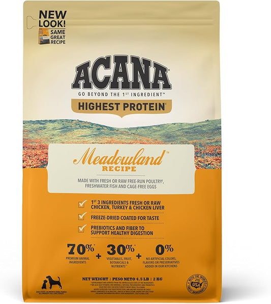 ACANA Highest Protein Grain Free Dry Dog Food Meadowland Recipe 4.5lb Bag