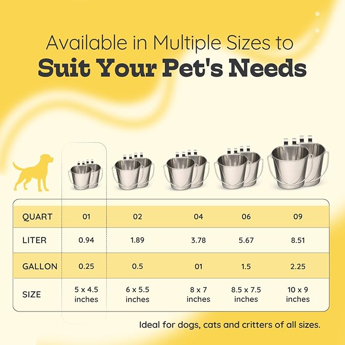 1 Quart Stainless Steel Flat Sided Bucket with Dual Hooks | 2 Pcs Durable Food & Water Bowl for Dog Cats Bird & Small Animals | Fits kennel Cage Crates Hanging Pet Pail | Multipurpose use