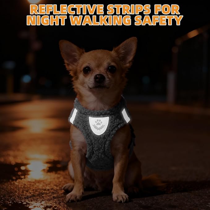 KOOLTAIL Plush Small Dog Harness and Leash Set, Warm Fleece No Pull Puppy Vest for Winter, Lightweight Reflective Step in Pet Harness for Medium Sized Dogs Boy Girl Outdoor Walking Cute Soft, Gray M