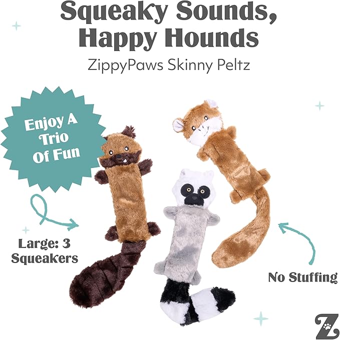ZippyPaws Skinny Peltz - No Stuffing Dog Toy Pack to Keep Them Busy, for Medium and Large Dogs, Squeaky Pet Toys, Unstuffed Chew Toys, Soft Plush Variety Pack, Chipmunk, Lemur, and Monkey - 18"