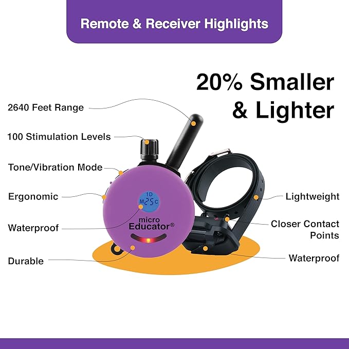 Educator ME-300 Micro E Collar for Dog Training with Remote - 1/3 Mile Range, Waterproof, 100 Blunt Stimulation Levels, Tone or Vibration Mode, Night Tracking Light for Small, Medium & Large Dogs