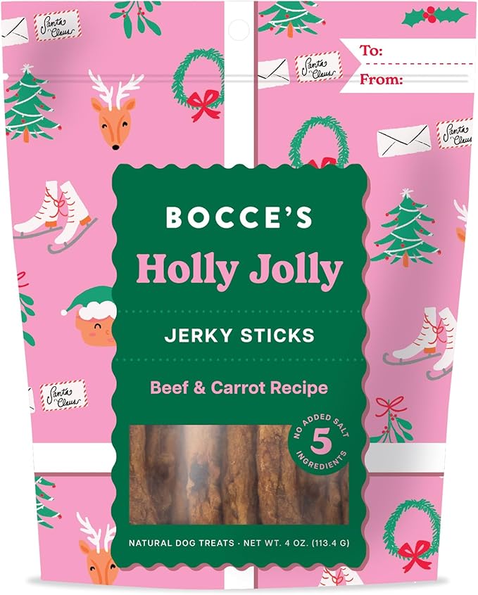 Bocce's Bakery Holly Jolly Holiday Flavor Jerky Stick Dog Treats - No Added Salt or Sugar, Natural & High-Protein - Wheat-Free, Made with Limited-Ingredients & Baked in The USA, 4 oz