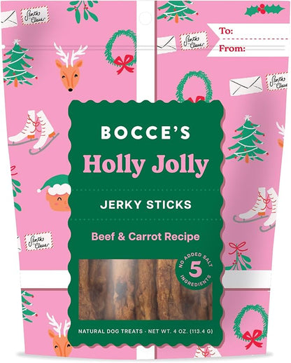 Bocce's Bakery Holly Jolly Holiday Flavor Jerky Stick Dog Treats - No Added Salt or Sugar, Natural & High-Protein - Wheat-Free, Made with Limited-Ingredients & Baked in The USA, 4 oz