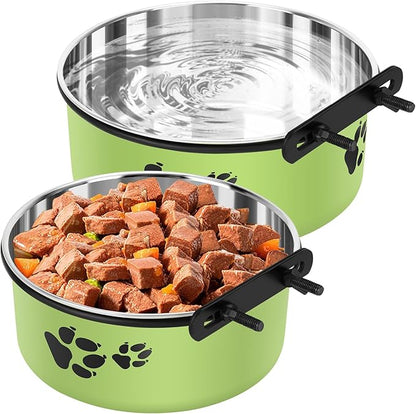 Dog Crate Water Bowl, ShineMe 54oz & 34oz Stainless Steel No Spill Crate Food and Water Bowl, Kennel Bowls Mountable for Medium and Large Dogs, Cats and Pets, Set of 2, Green (7.1x2.9” & 6.2x2.6”)