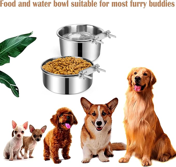 2 Pack Silver Stainless Steel Pet Bowls Anti-Spill Metal Feeder Food and Water Feeding Bowl, Hanging Cage Pet Crate Bowl for Puppy Kennel Medium Large Pets (Silver,L (7.1x2.6'' & 6.2x2.3''))