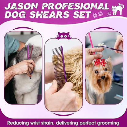 JASON Dog Grooming Scissors Set - Professional 6 in 1 Dog Shears Kit - 6.5" Thinning, 7" Straight, 7" Up-Curved, 7" Down-curved Scissors and Comb for Cat Pet with Adjustable Screw (Purple) Gift