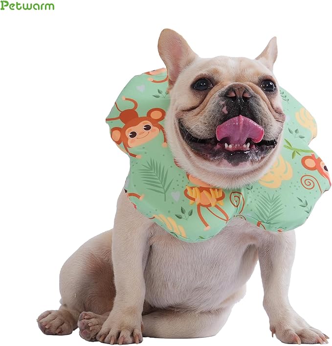 PetWarm Recovery Collar for Dogs, Dog Recovery Collar, Lightweight Pet Neck Protector with Memory Foam Padding, Gentle No-Lick Flower Design for Calm Rest and Travel, Monkey Print, Green, S
