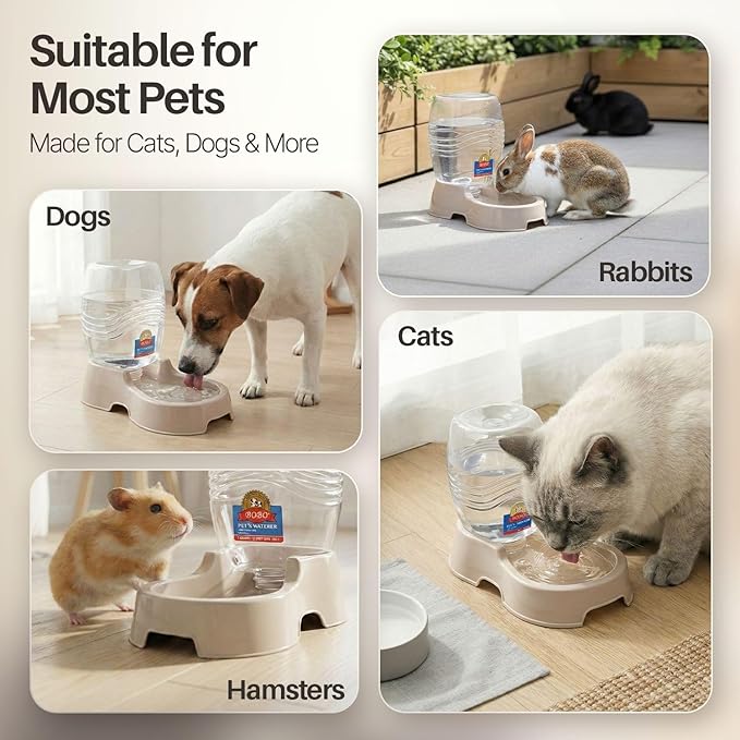 Flexzion Automatic Gravity Pet Waterer for Cat & Dog - Non-Skid & Easy-Clean Auto Replenish Water Dispenser Drinking Bowl (1/4 Gallon/ 900ml), Beige