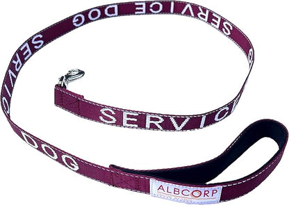 Albcorp Service Dog Leash - Embroidered- with Padded Neoprene Handle and Reflective Threads, 4 Feet, for Harnesses, Vests or Collars, Maroon