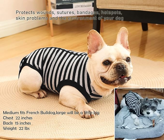 Dog Recovery Medium Suit,for Female Male Surgery,Spay,Neuter Recovery Shirt,Zipper Closure Cotton Striped Wounds Protect Suit,Black Striped M