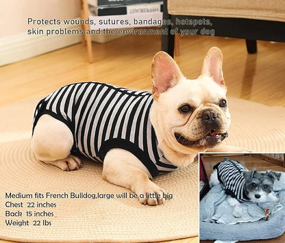 Dog Recovery Medium Suit,for Female Male Surgery,Spay,Neuter Recovery Shirt,Zipper Closure Cotton Striped Wounds Protect Suit,Black Striped M