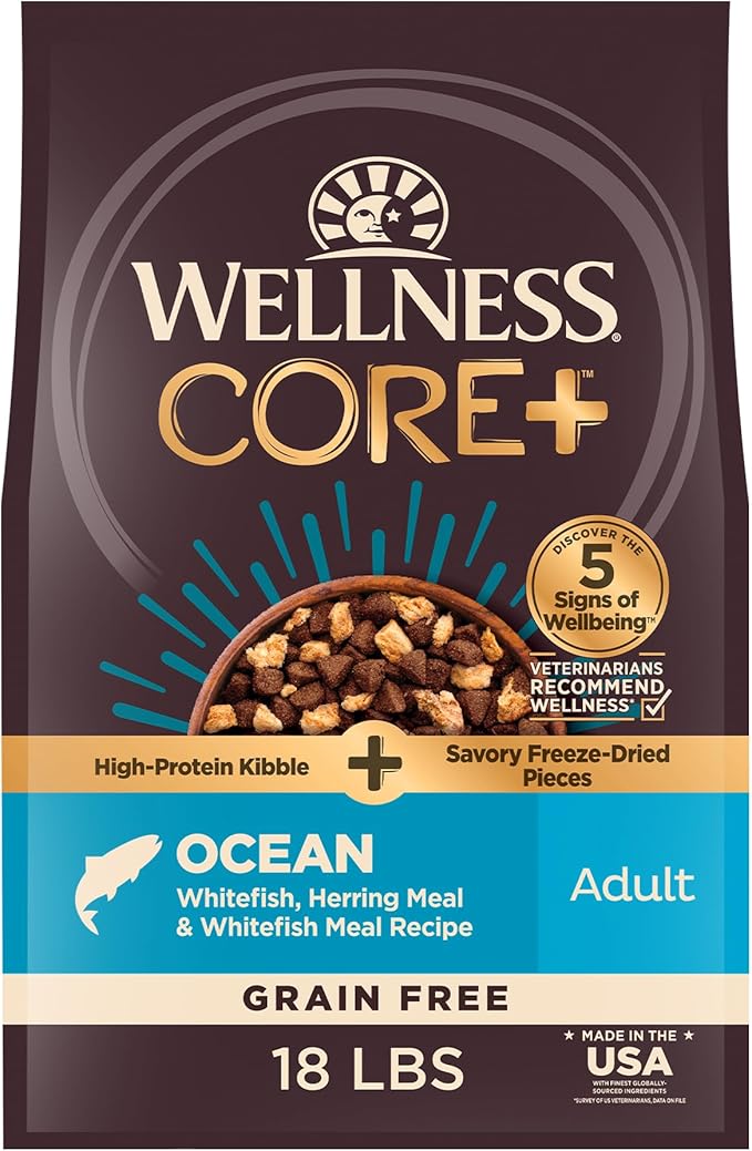 Wellness CORE+ Adult Dry Dog Food with Freeze Dried Pieces, Grain Free Kibble+, Natural, High Protein, Chicken Free, Whitefish, Herring, and Salmon Recipe, 18 lb Bag
