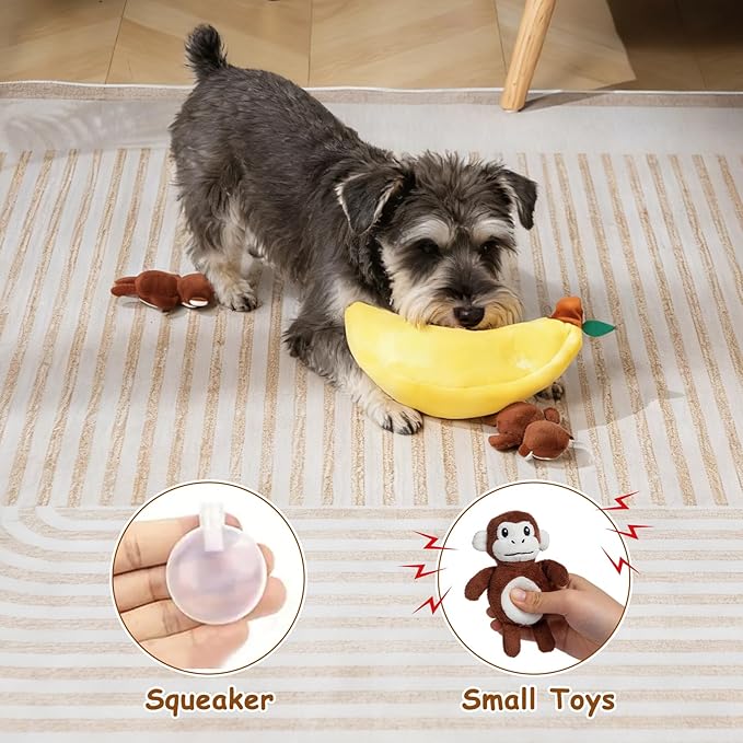Hollypet Squeaky Dog Toy, Interactive Plush Hide and Seek Dog Toys for Small Medium Sized Dogs and Non-Aggressive Chewers, Puppy Teeth Clean Chew Toys, Banana and Monkeys