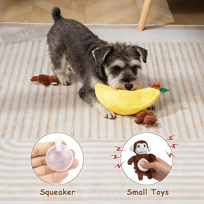 Hollypet Squeaky Dog Toy, Interactive Plush Hide and Seek Dog Toys for Small Medium Sized Dogs and Non-Aggressive Chewers, Puppy Teeth Clean Chew Toys, Banana and Monkeys