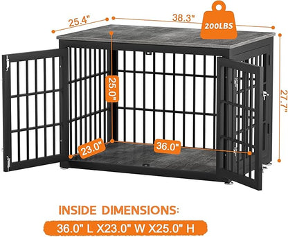rehomerance 38 Inch Heavy Duty Dog Crate Furniture for Large and Medium Dogs, Decorative Pet House End Table, Wooden Cage Kennel Furniture Indoor, Gray