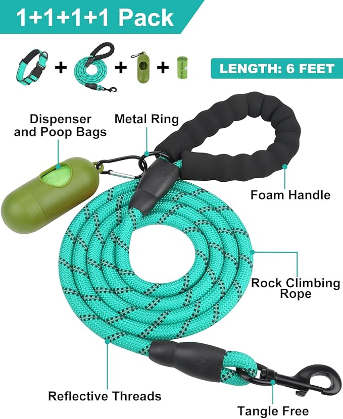 Dynmeow Reflective Dog Collar and Leash Set, 6FT Strong Climbing Rope Leash with Padded Handle, Adjustable Pet Collar with Soft Neoprene Padding for Large Dogs, Teal, L