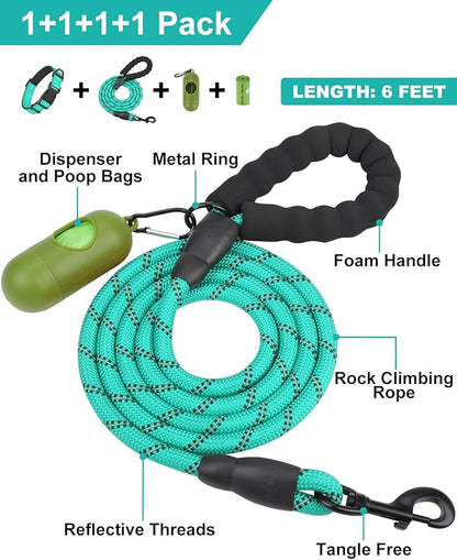 Dynmeow Reflective Dog Collar and Leash Set, 6FT Strong Climbing Rope Leash with Padded Handle, Adjustable Pet Collar with Soft Neoprene Padding for Medium Large Dogs, Teal, M