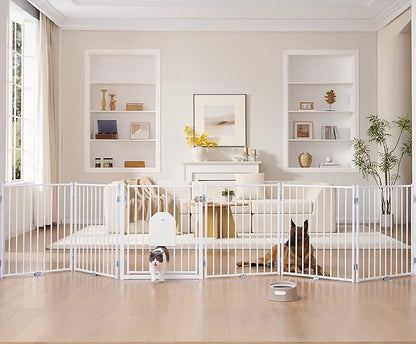 No Pawblems Free Standing Dog Gate with Cat Door, 30'' Tall Foldable Dog Fence for Indoor & Outdoor, Up to 156 Inch Extra Wide Puppy Gate for Stairs, Hallways, Doorways, Deck, Yard (White, 6 Panels)