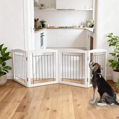 ZJSF Freestanding Foldable Dog Gate for House Extra Wide Wooden White Indoor Puppy Gate Stairs Dog Gates Doorways Tall Pet Gate 4 Panels Fence