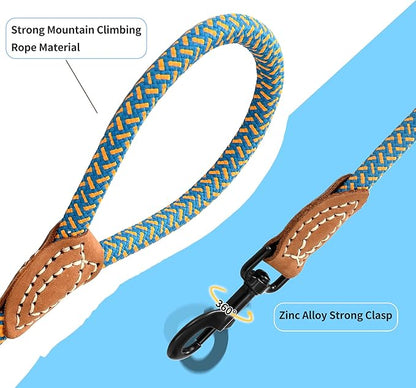 Mile High Life Rope Leash with Genuine Leather Connection, 6 FT/5 FT/4 FT, Heavy Duty Dog Leash for Medium & Large Dogs (Peacock Blue, 72 Inch)