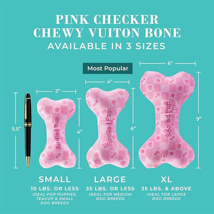 Haute Diggity Dog Chewy Vuiton Bone Plush Squeaky Dog Toy, Soft Durable Designer-Inspired Stuffed Puppy Chew Toys for Small & Medium Dogs, Machine-Washable (Pink Checker) Small
