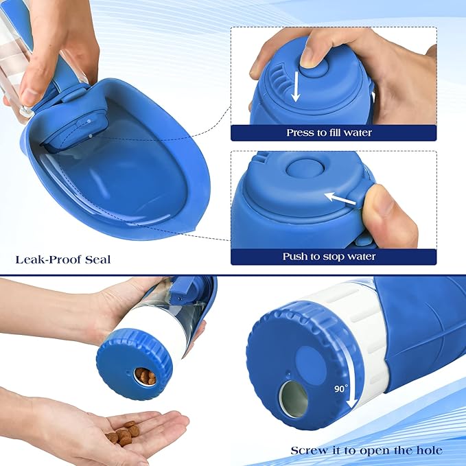 TIOVERY Upgraded Dog Water Bottle, Portable Dog Cat Puppy Pet Water Dispenser Feeder with Drinking Cup and Food Container Leak Proof for Outdoor Walking, Travel, Hiking 12OZ Blue