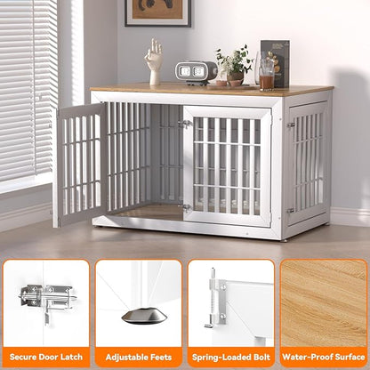 Snuowu 48" Heavy Duty Dog Crate Furniture for Small,Medium and Large Dogs,Rustic Wooden Dog Cage Kennel Indoor Furniture with Waterproof Top,Decorative Pet House Side End Table (White & Wood)
