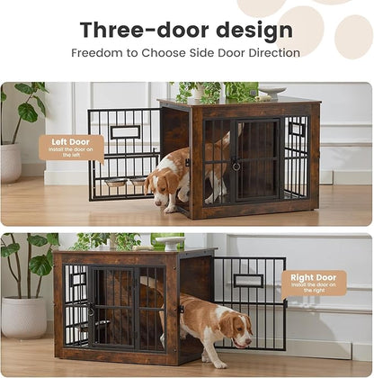 32 Inch Heavy Duty Dog Crate Furniture for Medium/Small Dogs, Decorative Pet House End Table with 3 Doors & Adjustable Bowls, Wooden Cage Kennel Furniture Indoor, Rustic Brown