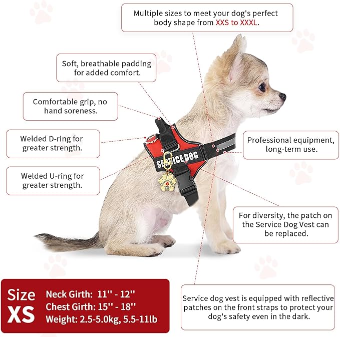 Opstin Service Dog Vest, ID Tag 50 ADA Information Cards, Service Dog Harness w Patch in Sizes X Small to XX Large, Metal Dog Tag has Ruggedized Clip, Service Animal Cards, ESA Accessory Set X-Small
