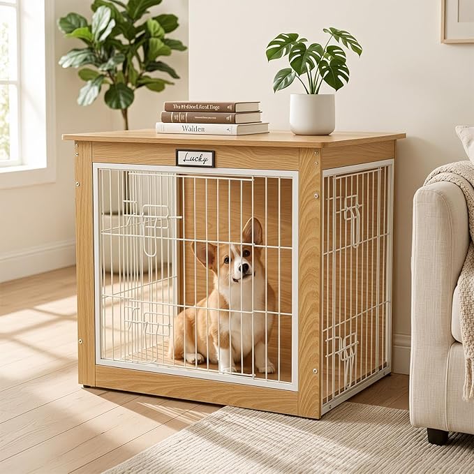Oak Dog Crate Furniture with Reversible Side Door, 28'' Wooden Indoor Dog Kennel for Small Medium Dogs, Furniture Style End Table Dog Crate with Double Locks, Steel Mesh Dog Cage