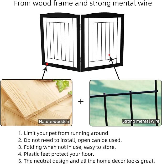 ZJSF Freestanding Foldable Dog Gate for House Extra Wide Wooden Indoor Puppy Gate Stairs Doorways Pet Gate Tall Dog Fence 2 Panels Fence Black