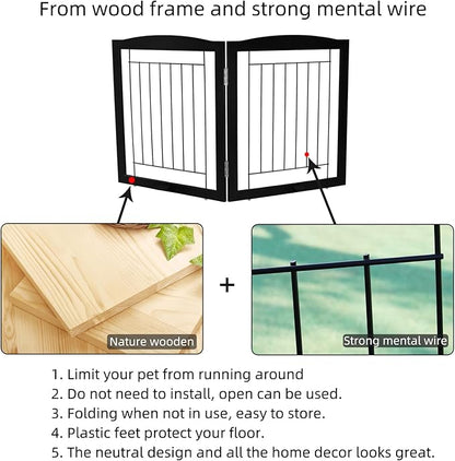ZJSF Freestanding Foldable Dog Gate for House Extra Wide Wooden Indoor Puppy Gate Stairs Doorways Pet Gate Tall Dog Fence 2 Panels Fence Black
