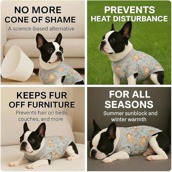PetWarm Recovery Suit for Dogs, Dog Surgical Recovery Suit Female and Male, Dog Onesie for Surgery, Anti-Licking Dog Surgery Recovery Suit, Monkey Pattern, Grey, XS