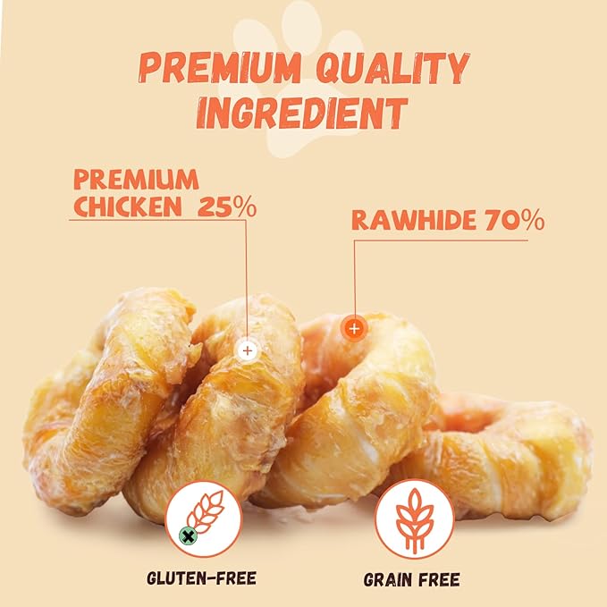 Pawmate Dog Treats Large Breed, Chicken Wrapped Rawhide Donut Rings, Rawhide Dog Chews Long Lasting, Grain Free Training Snacks with Taurine for Medium Large Dogs, 4 Counts