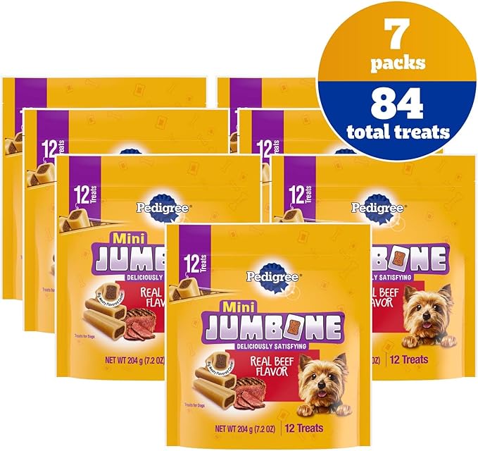 Pedigree Mini Jumbone Small Dog Treats, Dog Bone Like Shell with Beef Flavor, 12 Treats (Pack of 7)