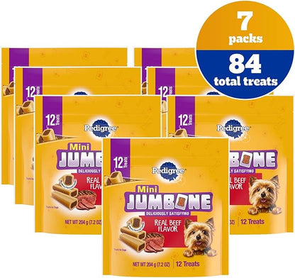 Pedigree Mini Jumbone Small Dog Treats, Dog Bone Like Shell with Beef Flavor, 12 Treats (Pack of 7)