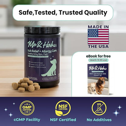 Mo & Haku Dog Allergy Relief Chews - 180 Soft Chews Immune Itch Support for Dogs Itchy Skin, Ears, Paw Licking, Seasonal Allergies - with Prebiotics & Probiotics, Colostrum & Salmon Oil