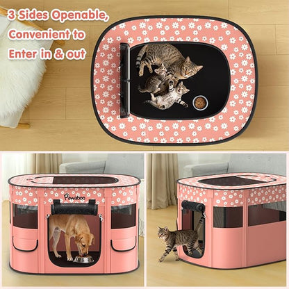 Dog Playpen, Portable Pet Cat PlayPen, 600D Oxford Dog Kennel Tent Crate, Breathable&Waterproof, Outdoor Indoor Travel Camping for Medium/Large Breed with Carrying Case+Bowl, L, Light Pink Flowers