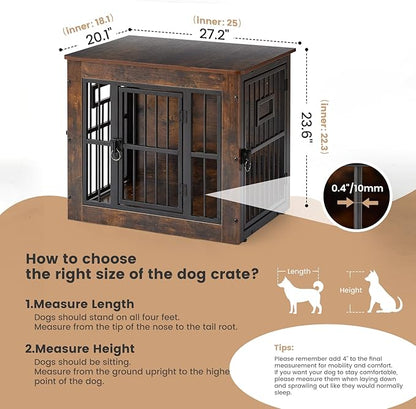 27 Inch Heavy Duty Dog Crate Furniture for Puppy/Small Dogs, Decorative Pet House End Table with 3 Doors, Wooden Cage Kennel Furniture Indoor, Rustic Brown - Without Bowls
