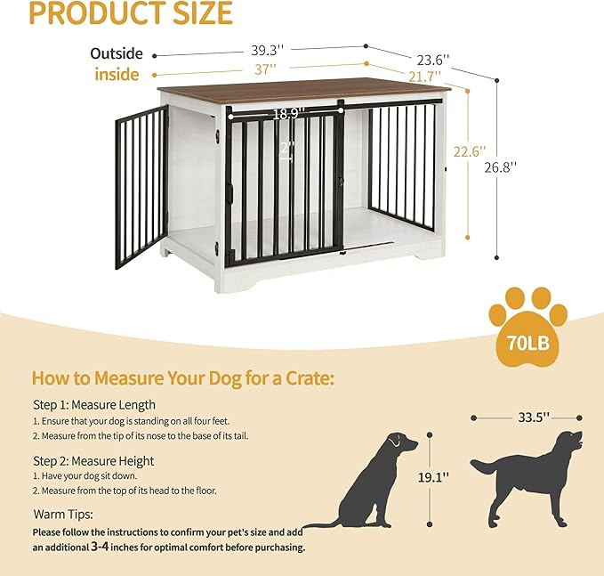 Hzuaneri 39.4" Heavy Duty Dog Crate Furniture with Barn Door, Wood Indoor Dog Crate Kennel for Small/Medium/Large Dogs, End Side Table, TV Stand, Anti-Chew Anti-Escape, White Brown DFC02314B