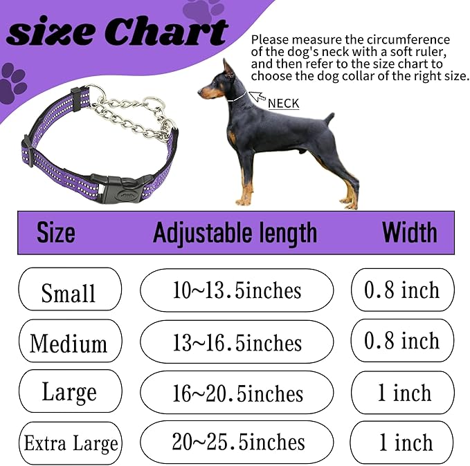 Martingale Dog Collars, Reflective Nylon Collar with Stainless Steel Chain, Adjustable Walking Training Dog Collars with Quick Release Buckle, Suitable for Small Medium Large Dogs(Purple,L)