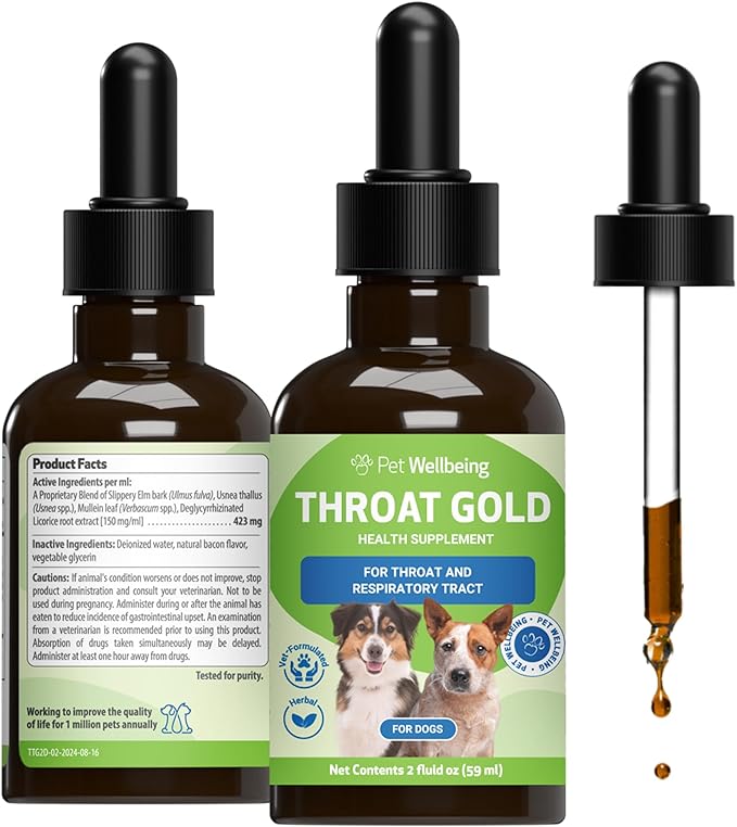 Pet Wellbeing Throat Gold for Dogs - Supports Collapsed Trachea & Throat Discomfort with Mullein & Slippery Elm for Kennel Cough - NASC Certified & Vet-Formulated 2 oz Liquid Formula